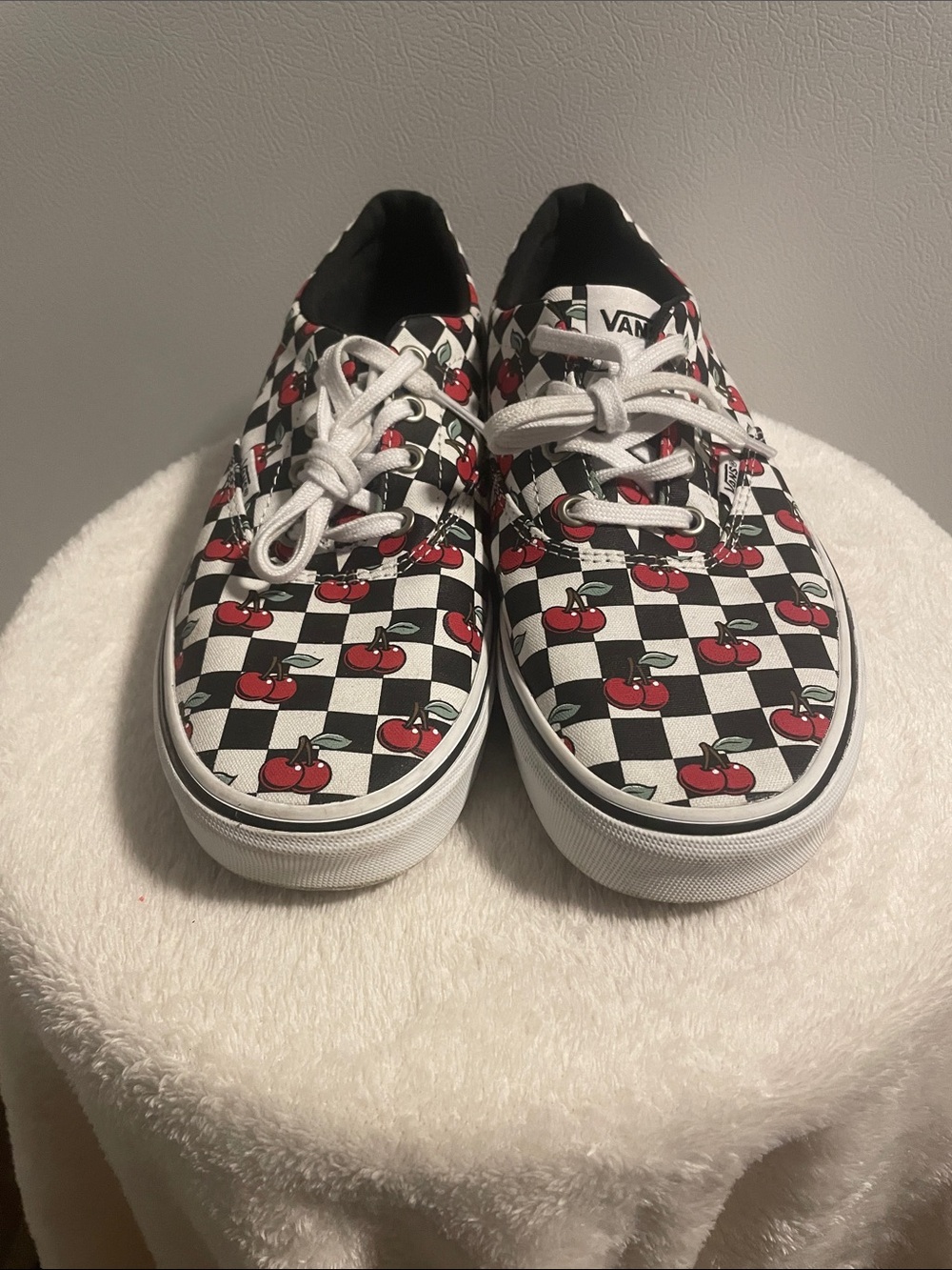 Vans Kids Checkerboard Cherry Canvas Sneakers - Black/White/Red - Picture 1 of 8